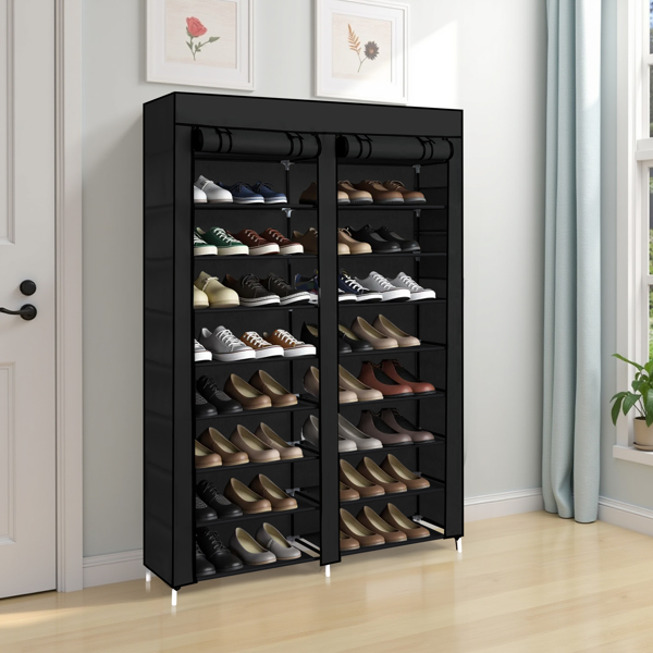 FCH Double Row 10-Tier Non-Woven Fabric Shoe Cabinet with Iron Pipes and Plastic Components, Black