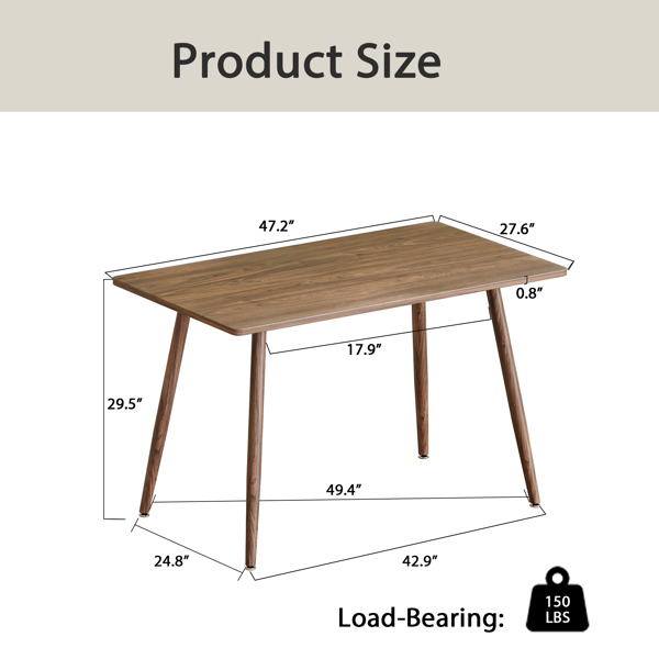 47" Modern minimalist MDF dining table, Walnut color metal legs, small sized dining table, computer desk, office desk, kitchen table, for 6 Seat.Suitable for home & kitchen 