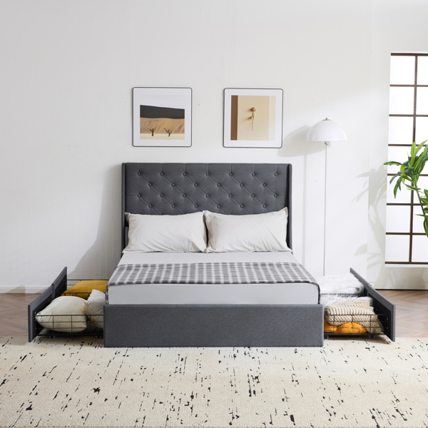 Upholstered Queen Platform Storage Bed Frame with 4 Drawers, Wingback Headboard with Button Tufted Design, Wooden Slat Support, No Box Spring Needed, Dark Grey