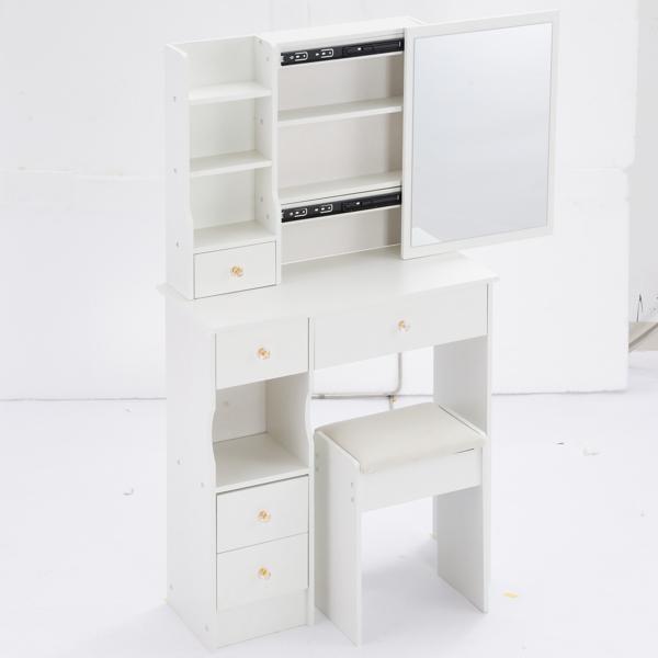 Small Size Left Drawer Desktop Vanity Table + Cushioned Stool, Extra Large Sliding Mirror, Multi Layer, High Capacity Storage Fashionable Dresser, Suitable for Small Space, EPA,GCC,UL Certificate