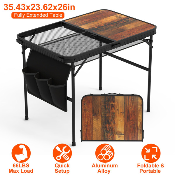 Foldable Camping Table Collapsible Picnic Aluminum Alloy Grill Stand 66LBS Max Load Height Adjustable BBQ Table with Adjustable Height Storage Net 35.43x23.62x26in 