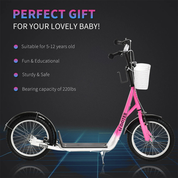 Youth Scooter with Adjustable Handlebars and plastic basket  16" Inflatable Rubber Tires  -Pink