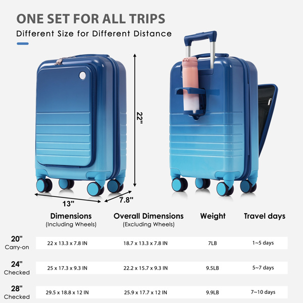 Luggage Set of 3, 20, 24, 28inch with USB Port, 20, 24inch with front opening design Airline Certified Carry on Luggage with Cup Holder, ABS+PC Hard Shell Luggage with Spinner Wheels, blue