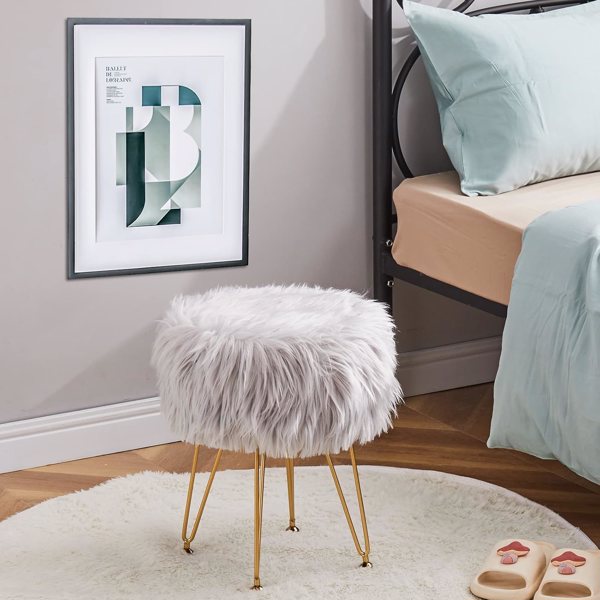 Faux Fur Storage Ottoman Round Furry Vanity Stool Marble Grain Tray Coffee Table Compact Footrest Stool with 4 Metal Legs Soft Makeup Seat Foot Stools for Living Room Bedroom Entryway Grey