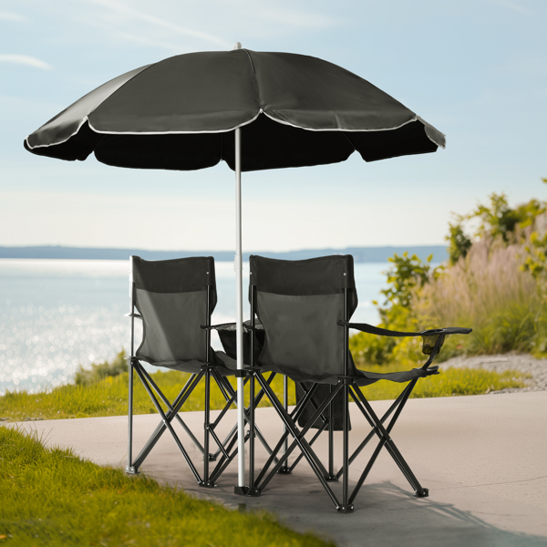 Portable Outdoor 2-Seat Folding Chair with Removable Sun Umbrella Black