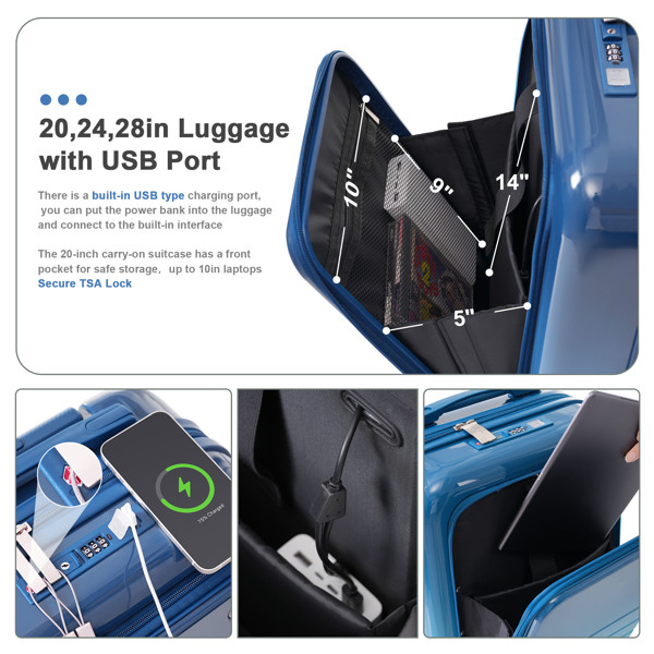 Luggage Set of 3, 20, 24, 28inch with USB Port, 20, 24inch with front opening design Airline Certified Carry on Luggage with Cup Holder, ABS+PC Hard Shell Luggage with Spinner Wheels, blue