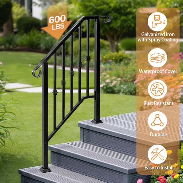 Matte Black Outdoor 2-Step Iron Handrail