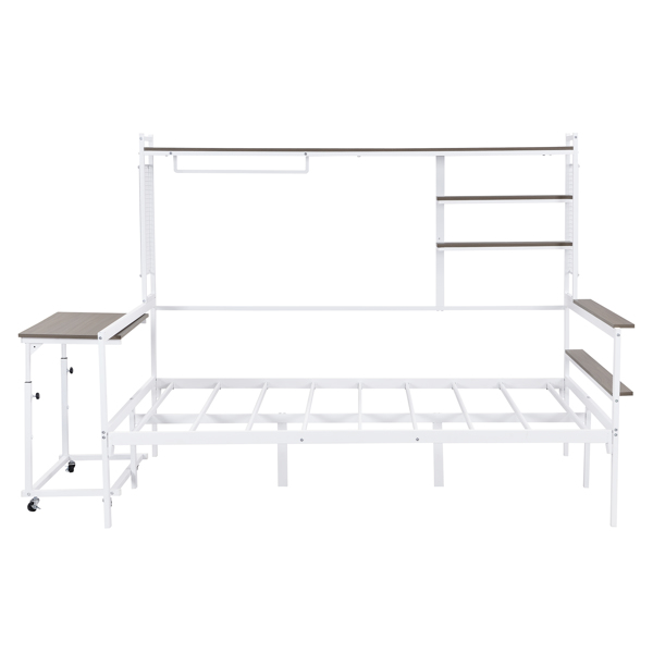 Full size Metal Daybed with Movable Desk, Metal Grid, Shelves and Clothes Hanger, White