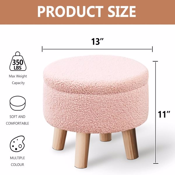 Storage Ottoman, Modern Round Footrest with Soft Padded Seat, Teddy Velvet Footstool with Wood Legs, Accent Small Table or Plant Stand for Hallway, Living Room (Pink)