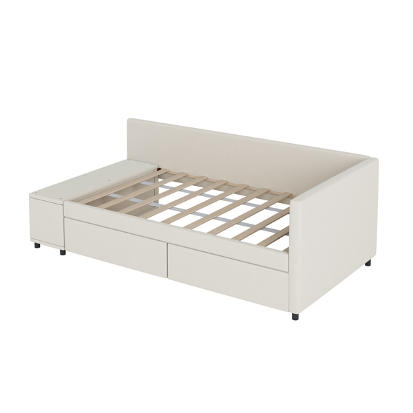 Twin size L-Shaped Upholstered Platform Bed with Storage and Drawers, Beige