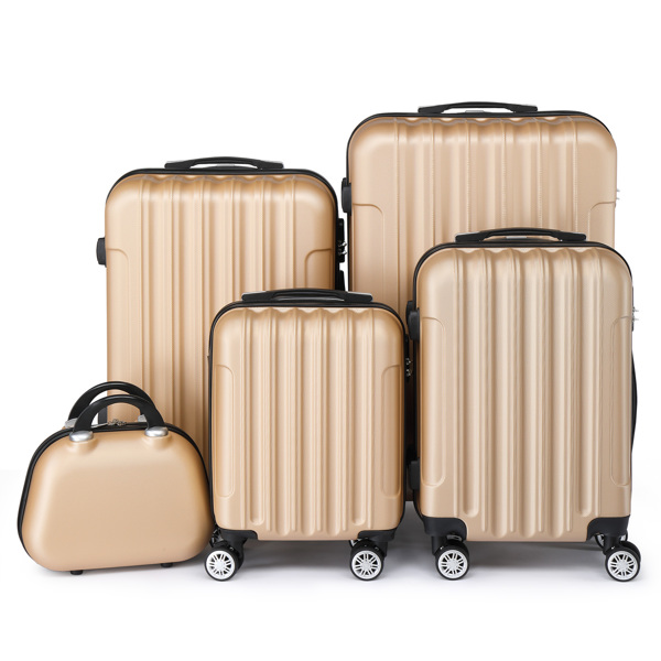 FCH Vertical Stripe Five-Piece Set ABS Luggage 16in, 20in, 24in, 28in + 12in Handbag with ABS Material and Steel Telescopic Handle in Trendy Champagne Gold