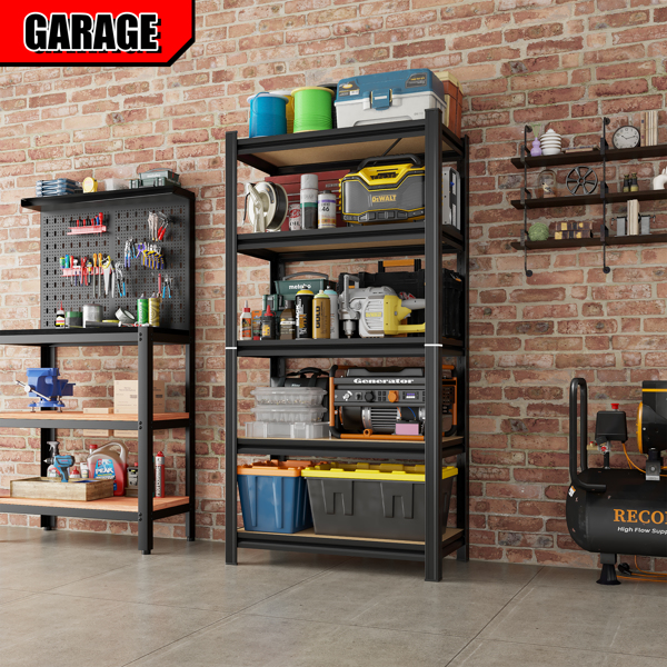 5 Tier Storage Rack, Adjustable Height Shelving, Warehouse Supermarket Basement Storage, Black Requires Assembly