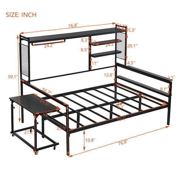 Full size Metal Daybed with Movable Desk, Metal Grid, Shelves and Clothes Hanger, Black