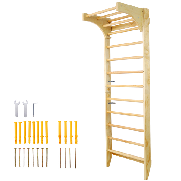 Wooden Swedish Ladder, Stall Bars Set for Physical Therapy & Gymnastics (with Adjustable Pull-up Bar)