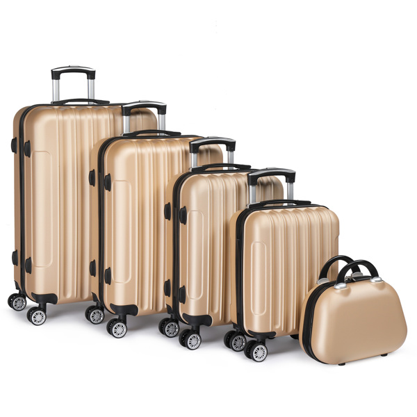 FCH Vertical Stripe Five-Piece Set ABS Luggage 16in, 20in, 24in, 28in + 12in Handbag with ABS Material and Steel Telescopic Handle in Trendy Champagne Gold