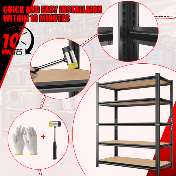 5 Tier Storage Rack, Adjustable Height Shelving, Warehouse Supermarket Basement Storage, Black Requires Assembly