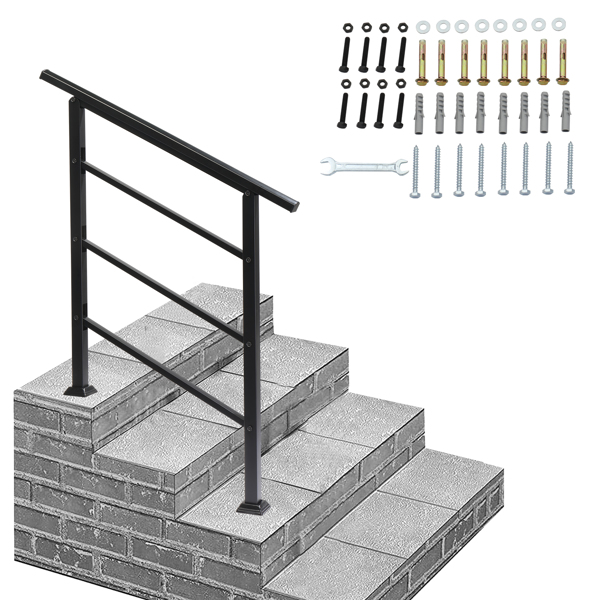 Handrails for Outdoor Steps, Wrought Iron Handrail Fits 1 or 3 Steps, Transitional Handrail with Installation Kit, Black（same as 66442124）