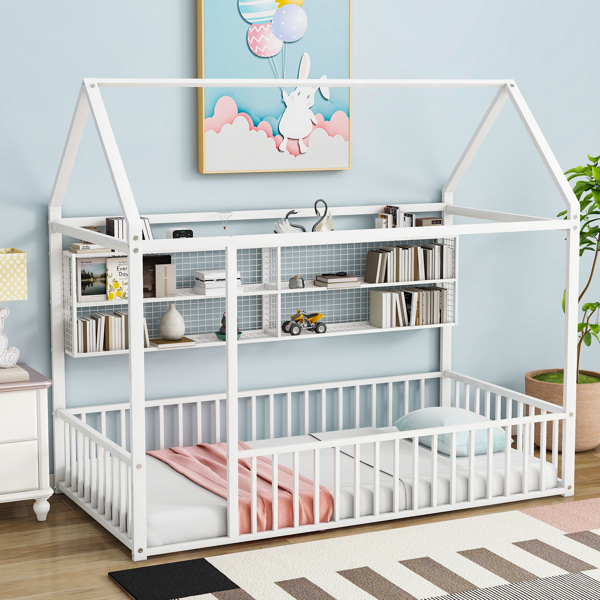 Twin Size Metal Bed House Bed Frame with Fence and Shelves, White