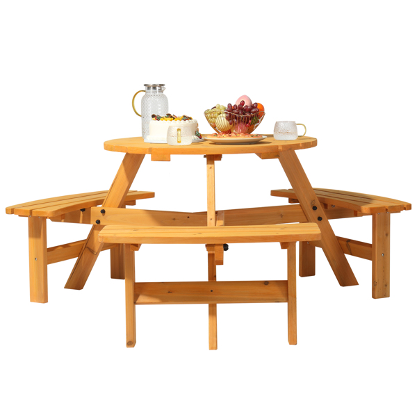 6-Person Outdoor Circular Wooden Picnic Table with 3 Built-In Benches, Outside Table and Bench Set for Porch Backyard Patio Lawn Garden