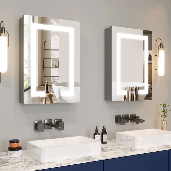 LED Bathroom Wall Medicine Cabinet Mirror 20"×28" with Storage Recessed or Surface Dimmable 3 Colors Temperature Anti-Fog Adjustable Shelf 2 Sockets 2 USB Interfaces[Unable to ship on weekends]