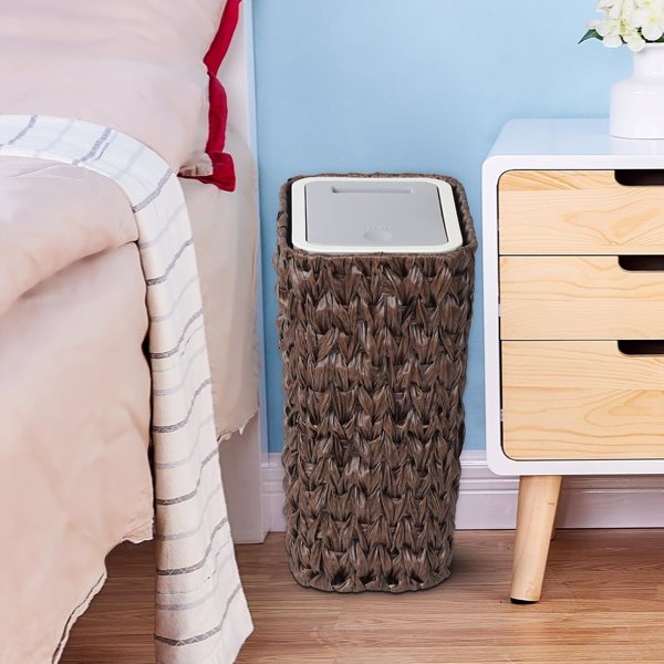 Bathroom Small Trash Can with Lid,2.6 Gallon Small Garbage Can with Rattan Basket, Slim Wicker Wastebasket Trash Can Press Top Lid for Bathroom,Kitchen,Office,Living Room,Bedroom-Brown