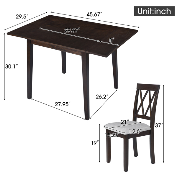 5 Piece Kitchen Dining Set with Drop Leaf Dining Table and 4 Dining Upholstered Chairs, Dining Room Set for Small Places, Espresso