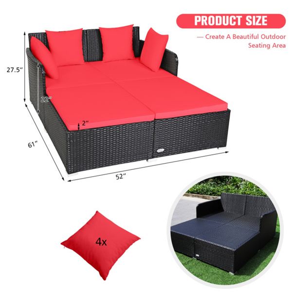 Red Outdoor Rattan Daybed with Upholstered Cushions