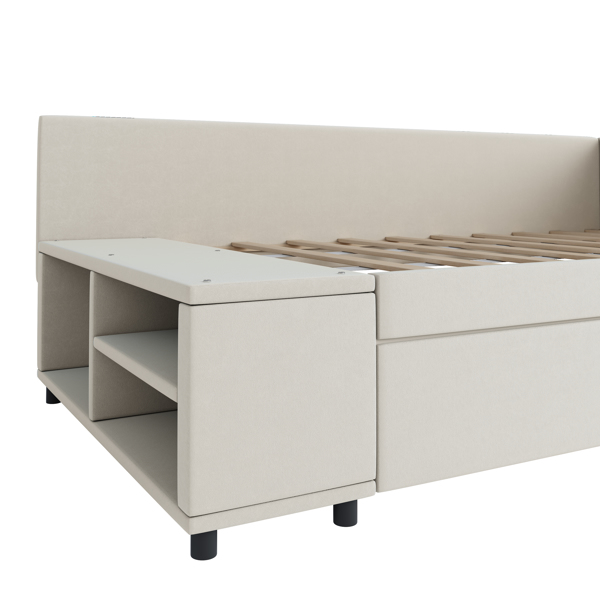 Twin size L-Shaped Upholstered Platform Bed with Storage and Drawers, Beige