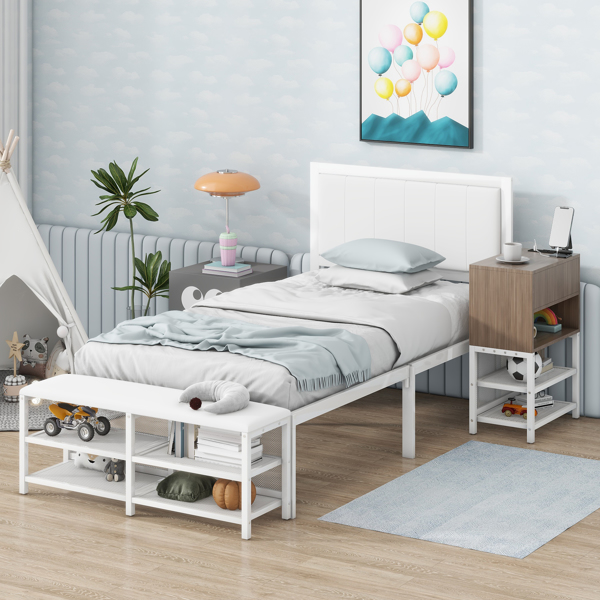 Twin size Metal Platform Bed with Two-Tier Storage Shelves, Wooden Storage Cabinet, White