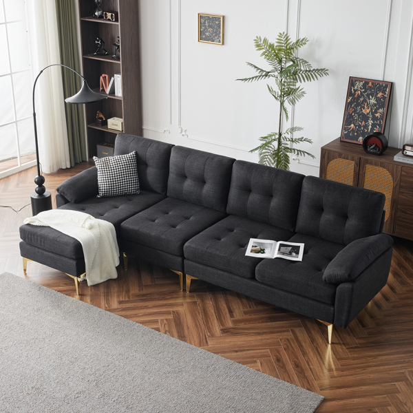 L-Shaped Sectional Sofa Couch for Living Room, Modern 4-Seater Tufted Linen Lounge Sleeper with Chaise, Black