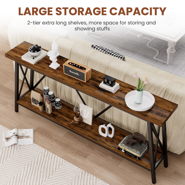 70.9 Inch Extra Long Sofa Table, Console Behind Sofa, Entryway Table with 2 Tier Storage Shelves for Hallways,Living Rooms,Foyers,Entryways,Banquet Rooms,Rustic Brown and Black, 70.9″L x 11.8"W x 32"H