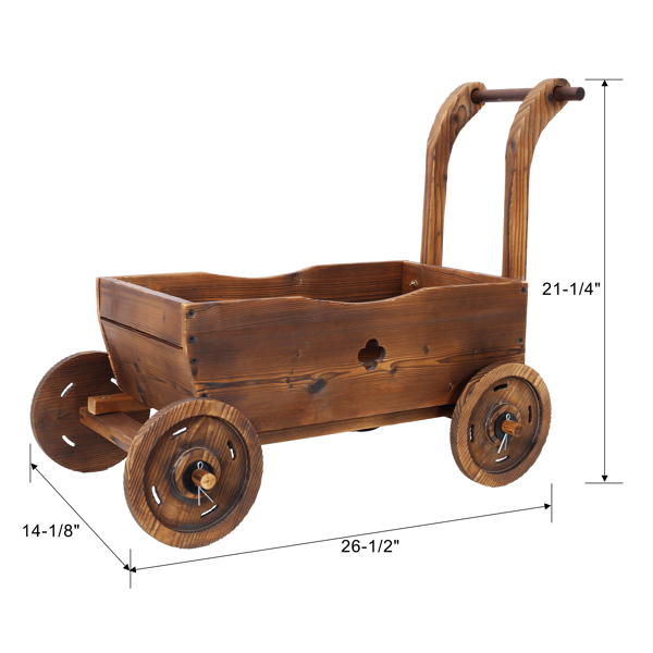 Wooden Wagon Planter Box, Mobile Garden Planter with 4 Wheels, Handle, Drain Hole, Decorative Flower Planter for Indoor & Outdoor Decor, Wooden Flower Cart for Patio, Garden, Balcony, Brown