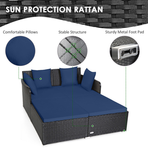 Navy Outdoor Rattan Daybed with Upholstered Cushions