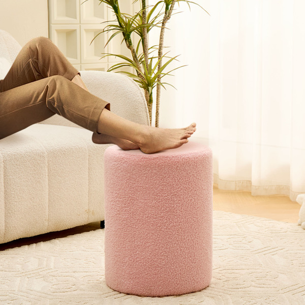 Round Teddy Fleece Ottoman with Soft Padded Seat, Multi-Functional Footrest, Vanity Chairs for Makeup, Upholstered Foot Stool Extra Seating for Living Room, Bedroom, Entryway (Pink, Standard)