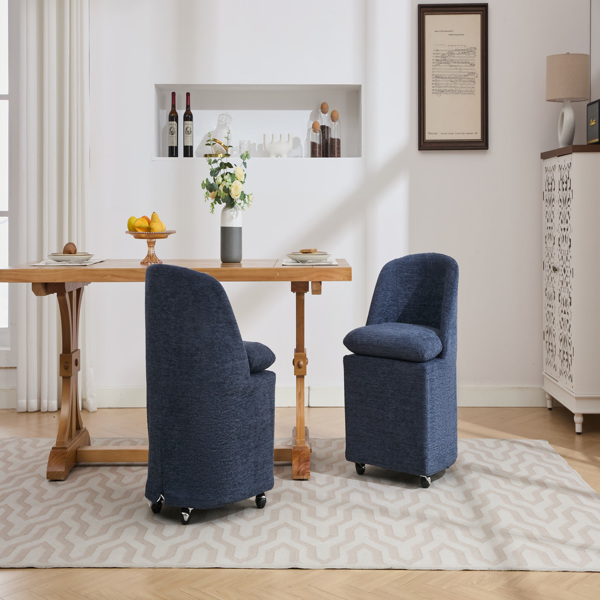 058-Set of 2 Chenille Fabric Dining Chairs With Universal Wheels,Blue