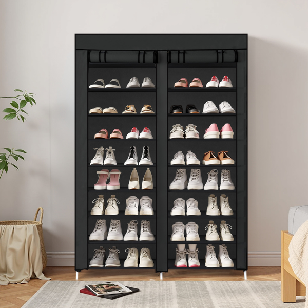 FCH Double Row 10-Tier Non-Woven Fabric Shoe Cabinet with Iron Pipes and Plastic Components, Black