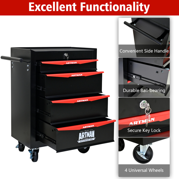 Rolling Metal Tool Chest with 4 Drawers, 20" 4-Drawer Tool Chest Cabinet with Ball Bearing Drawer Slides, Steel Tool Storage Box Organizer -BLACK&RED