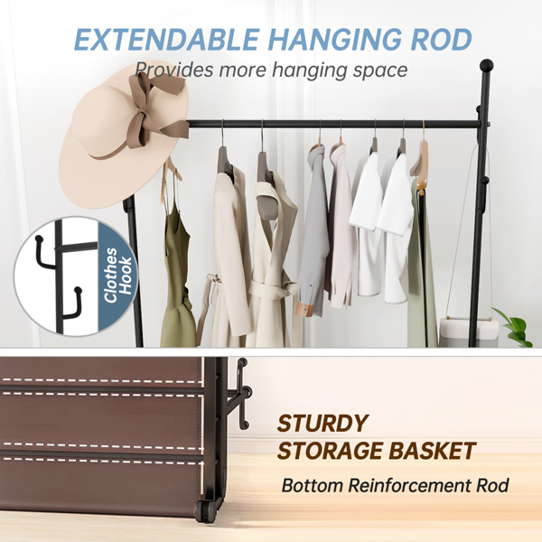 1pc, Clothes Rack with Wheels, Rolling Clothing Rack for Hanging Clothes, Heavy Duty Clothes Organizer Shelf for Hanging Clothe