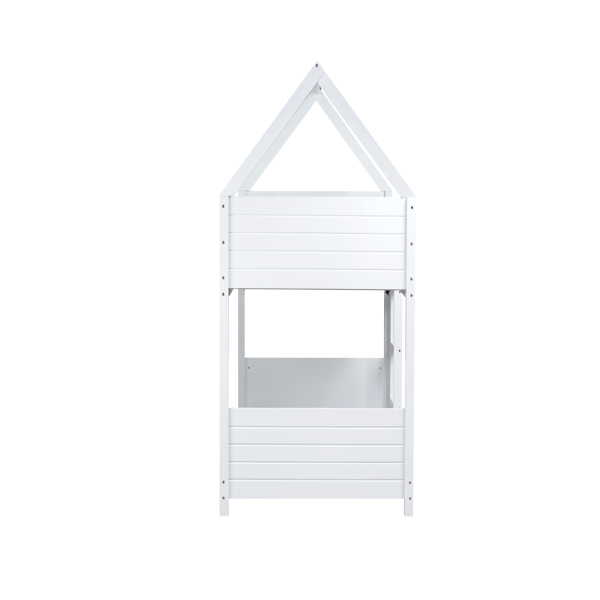 Twin Over Twin House Floor Bunk Bed with Headboards, Footboards and Guardrails, Ladder, Rubber Wood Bunk Bed with Safety Guardrails,White