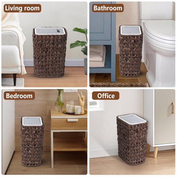 Bathroom Small Trash Can with Lid,2.6 Gallon Small Garbage Can with Rattan Basket, Slim Wicker Wastebasket Trash Can Press Top Lid for Bathroom,Kitchen,Office,Living Room,Bedroom-Brown