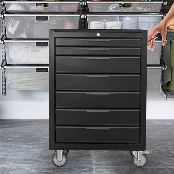 7-Drawer Rolling Tool Chest Cabinet, Large Capacity Metal  Tool Box with Wheels and Cylinder Locking, Roll Around Storage Organizer Tool Cart for Garage, Warehouse, Work Shop - Black