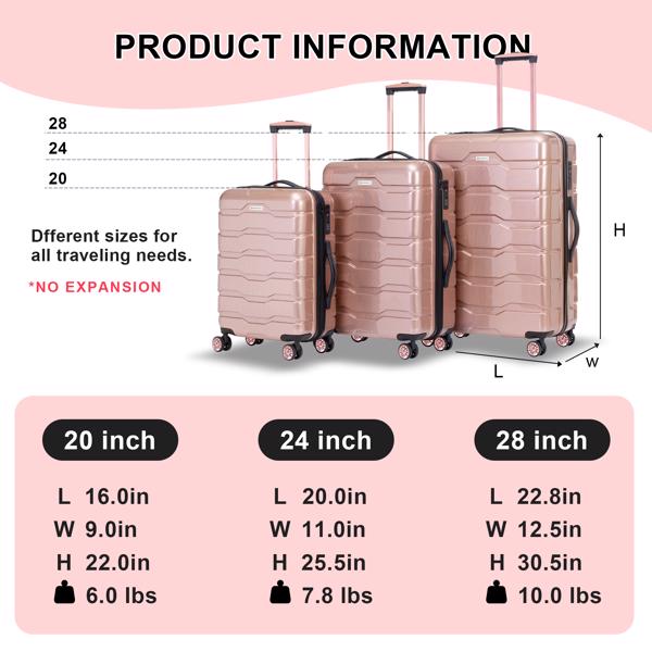 Luggage Sets ABS+PC Hardshell 3pcs Clearance Luggage Hardside Lightweight Durable Suitcase sets Spinner Wheels Suitcase with TSA Lock (20/24/28), RoseGold