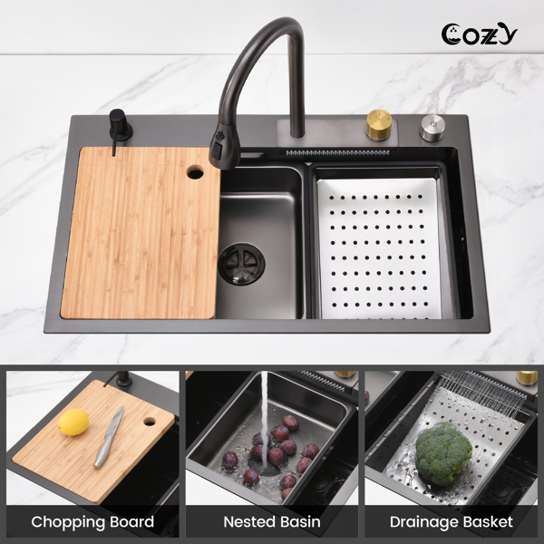 瀑布厨房水槽，黑色不锈钢单碗，带飞雨水龙头和砧板的多功能工作站，30×22英寸【周末不发货，TK/TEMU订单仅支持自提】-10