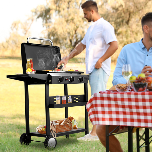 3-Burner Flat Top Gas Griddle Cooking Station with Ceramic Coated Cast Iron Pan, 30,000 BTU Propane Fuelled Griddle Station with Side Shelves & Spice Rack for Outdoor Barbecue Backyard Cookout