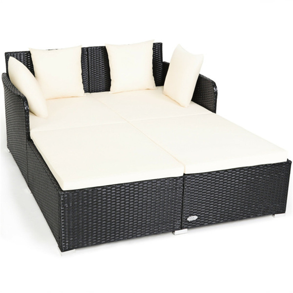 White Outdoor Rattan Daybed with Upholstered Cushions