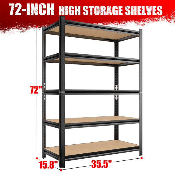 5 Tier Storage Rack, Adjustable Height Shelving, Warehouse Supermarket Basement Storage, Black Requires Assembly