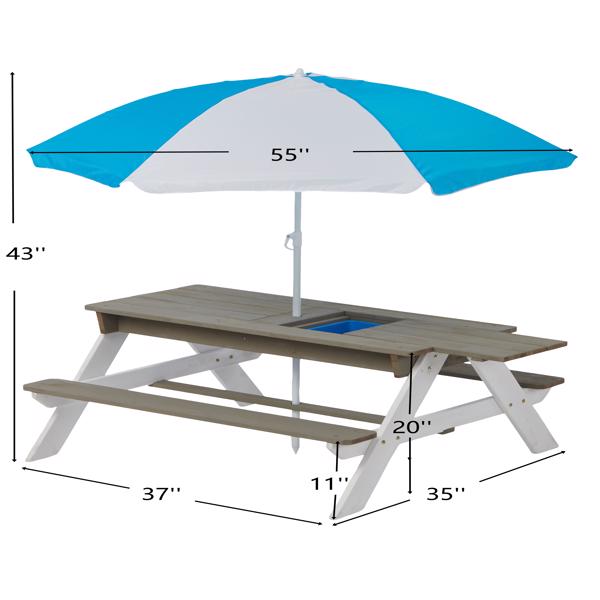 Wooden Kids Picnic Table, Sand and Water Table with Umbrella, Activity Table for Outdoor Backyard Patio Play