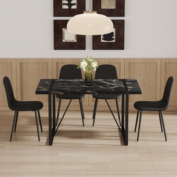 Table and chair set.Modern Black Marble Pattern MDF Dining Set - 55"x31.4" with 4 Cat Claw PU Chairs.Modern Mid-Century Style Upholstered Side Chairs,Spoon Shaped Chairs.Four Chairs per Box.