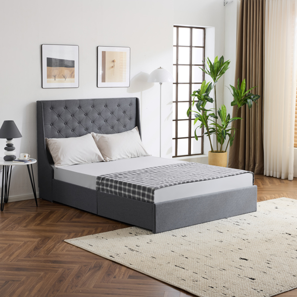 Upholstered Queen Platform Storage Bed Frame with 4 Drawers, Wingback Headboard with Button Tufted Design, Wooden Slat Support, No Box Spring Needed, Dark Grey