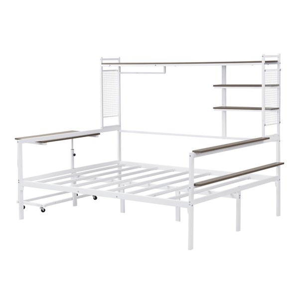 Full size Metal Daybed with Movable Desk, Metal Grid, Shelves and Clothes Hanger, White